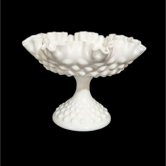 Vintage Fenton Milk Glass Hobnail Compote Candy  Ruffled Edges 5.5" Tall White M - Picture 1 of 7